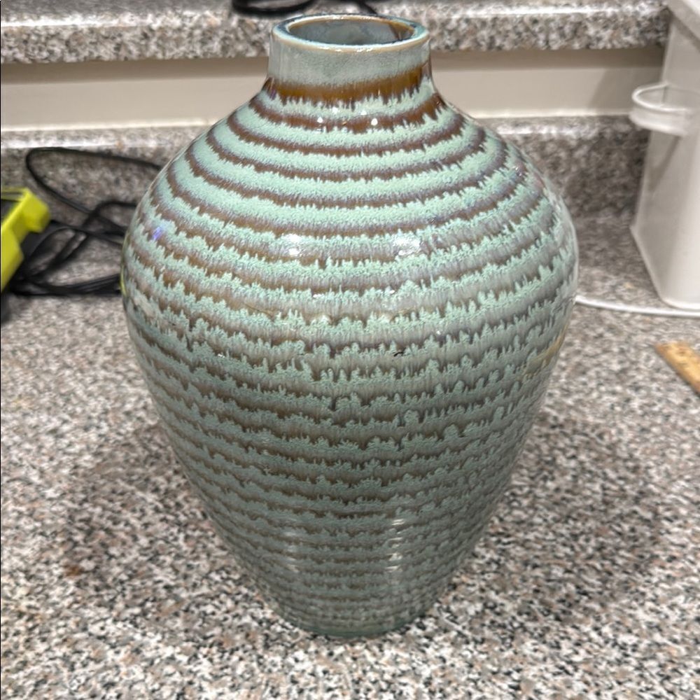 Vietnam Handcrafted Green Brown Spiral Glazed Accent Vase 11 Inches Tall